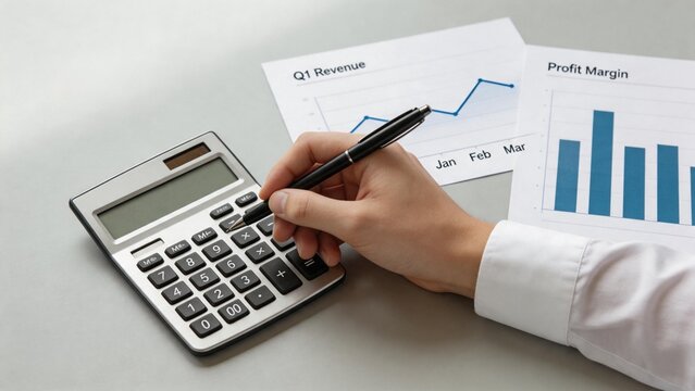 Hand using calculator with financial charts