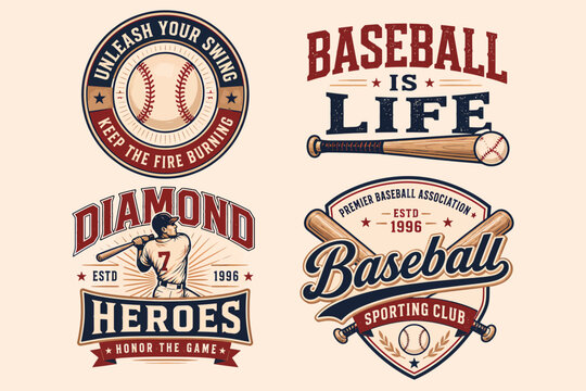 Four vintage baseball logos featuring bats, balls, players, and motivational text, designed in a classic sporting club style with retro aesthetics.
