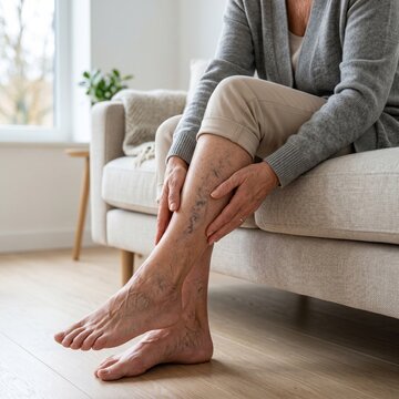 Senior Woman Checking Varicose Veins on Foot at Home