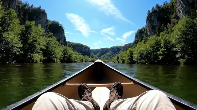 Canoe trip on a river with a first person perspective of legs resting while drifting