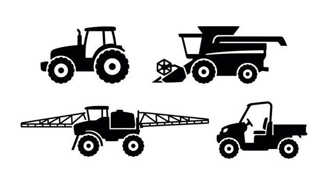 Flat Design Agricultural Farm Machinery Vehicle Silhouettes Icon Set