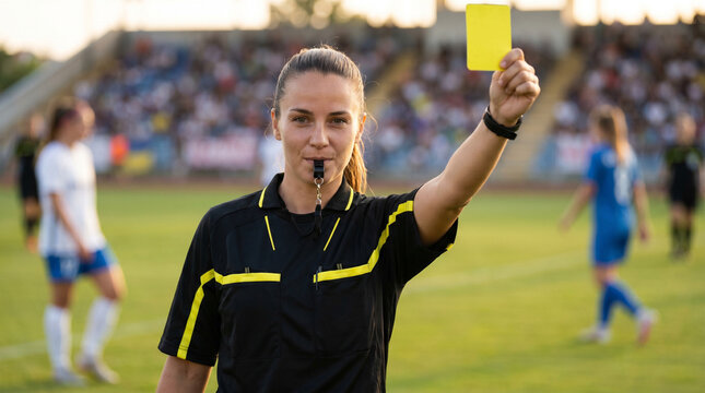 A female soccer referee showing a yellow card during a match