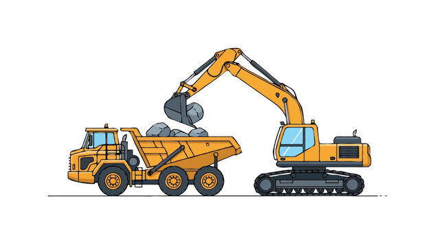 Yellow Excavator Loading Rocks into Heavy Duty Dump Truck, Vector Illustration of Construction Site Machinery Isolated on White Background