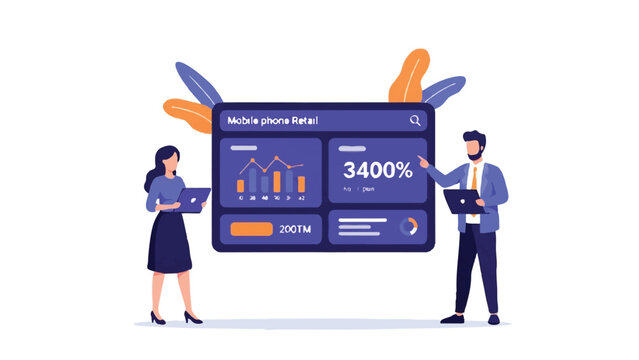 Business Data Analysis Illustration of Professionals Monitoring Mobile Retail Sales Performance Dashboard and Growth Metrics