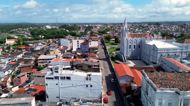 Aerial drone view of Nossa Senhora da Piedade Church and urban landscape in Ilheus Bahia Brazil