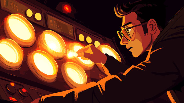 Man in black hoodie adjusting control panel at dark arcade