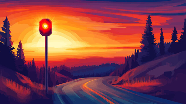 Colorful digital painting of a sunset over a winding road with pine trees