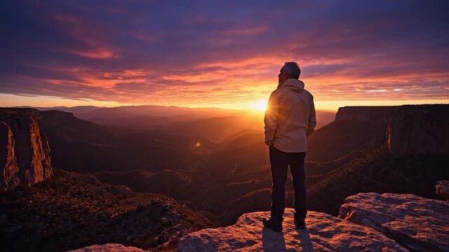 Man standing on cliff overlooking canyon at dramatic sunset