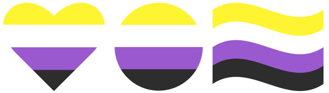 Non-Binary pride community flags set. Waving flag, flag of Non-Binary pride isolated in heart shape, round flag of Non-Binary pride