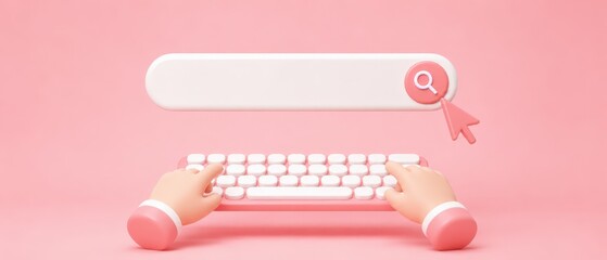 3D pastel pink stylized keyboard with cartoon hands typing beneath a horizontal search bar featuring a magnifying glass icon and pointer cursor, minimalist user interface concept