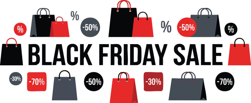 Black Friday sale banner with shopping bags and percent discounts