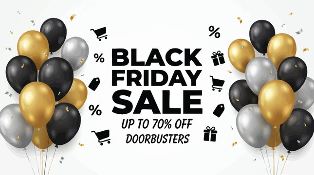 Black Friday sale banner with elegant gold and black balloons