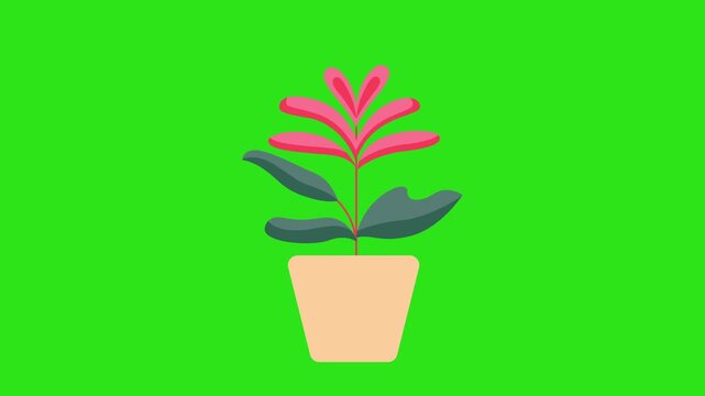 Pink flower with green leaves in a beige pot illustration on a bright vivid neon background, suitable for digital designs.