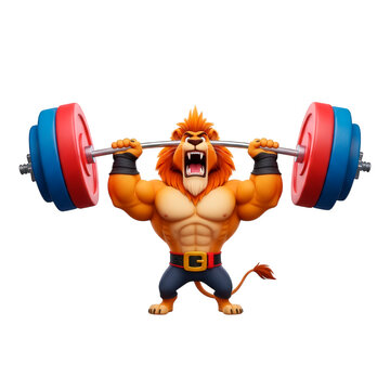Muscular cartoon lion lifting a heavy barbell with red and blue weights