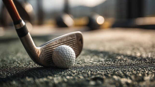 Close up of golf equipment on a driving range featuring detailed metal textures, realistic outdoor sports setting, dynamic athletic atmosphere, and professional golf training concept.