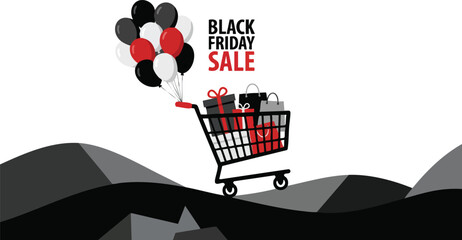 Black Friday sale banner with shopping cart and balloons © rama coloring studio