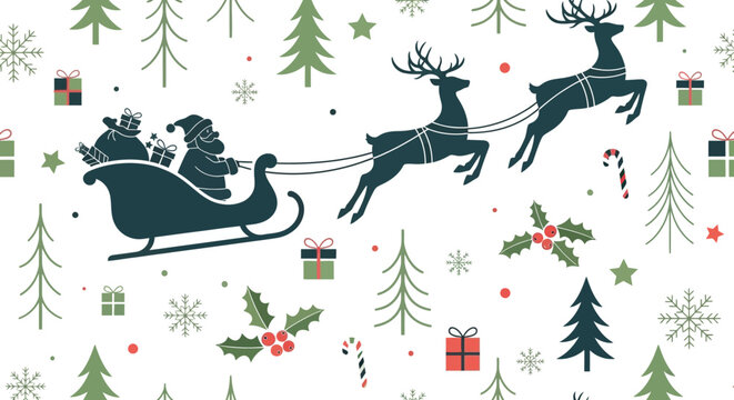 Santa Claus and his reindeer flying through the night sky.