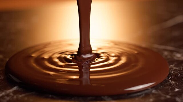 Dark chocolate slowly poured over a surface in macro, glossy and thick. Ideal for food brands, bakeries, and luxury confectionery campaigns.
