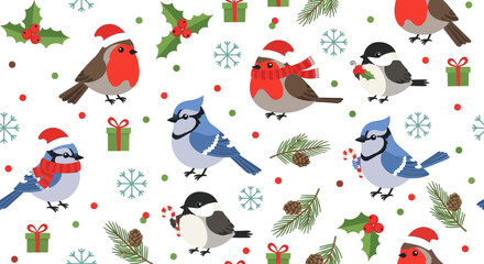 Cute Christmas Birds with Santa Hats and Winter Decorations. © Awaludin