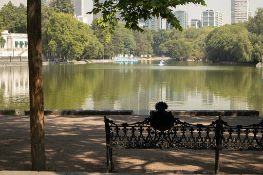 Chapultepec Lake in Mexico City. Peaceful urban lake surrounded by lush trees and modern city buildings