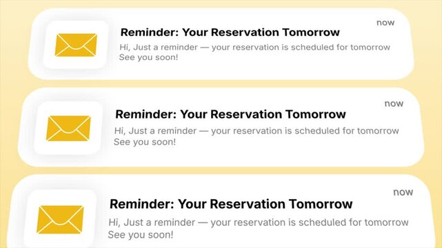 Reminder for Tomorrow Reservation email notification appears in a smooth animated digital display. Perfect for showcasing digital communication, online booking, and timely scheduling reminders.