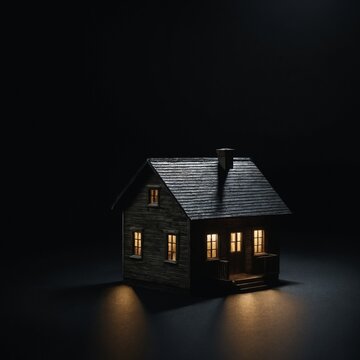 Small House Isolated Under Spotlight In Dark Environment