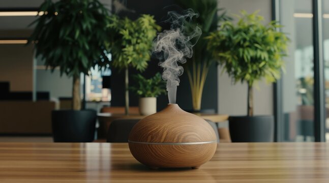 Wooden aroma diffuser emits steam in modern office lobby with tall green plants. Glossy table reflects light creating serene calm ambiance. Minimalist interior design enhances wellness.