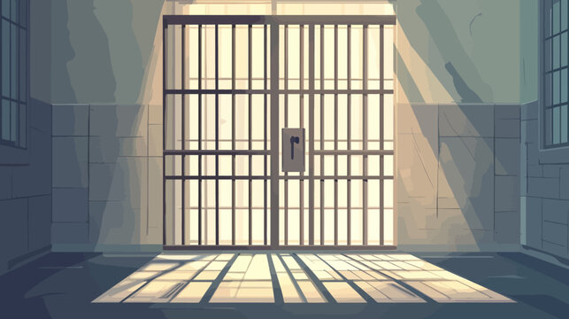 Prison cell door with barred lock and sunlight casting shadows