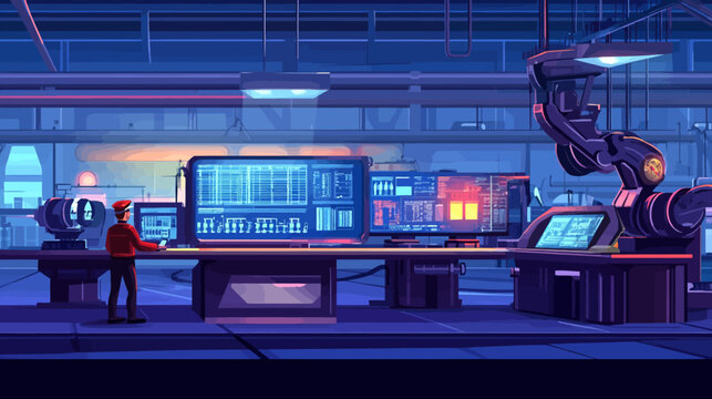 A futuristic lab with scientist and advanced robotic equipment