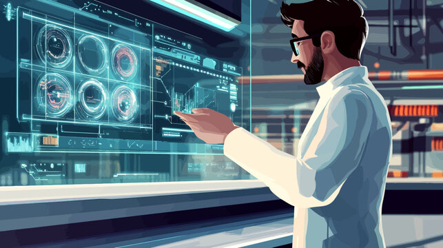 Scientist analyzes holographic display of futuristic tech in lab