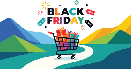 Colorful Black Friday banner with shopping cart and abstract hills © rama coloring studio