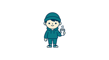Naklejka premium Cute Kid in Beanie with Hot Coffee Cup Casual Style.