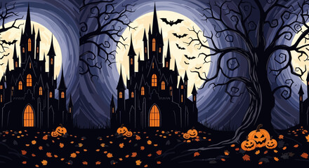 Spooky Halloween Castle with Glowing Windows and Pumpkins. © Haroh