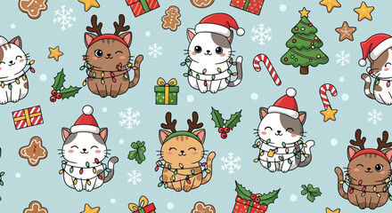 Adorable Christmas cats with festive hats and reindeer antlers. © Haroh