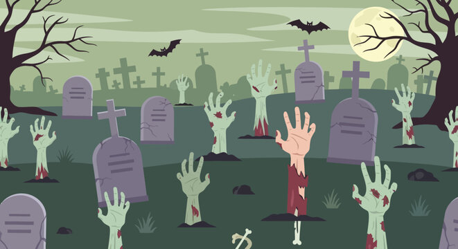 Zombie hands rising from graves in a spooky graveyard scene.