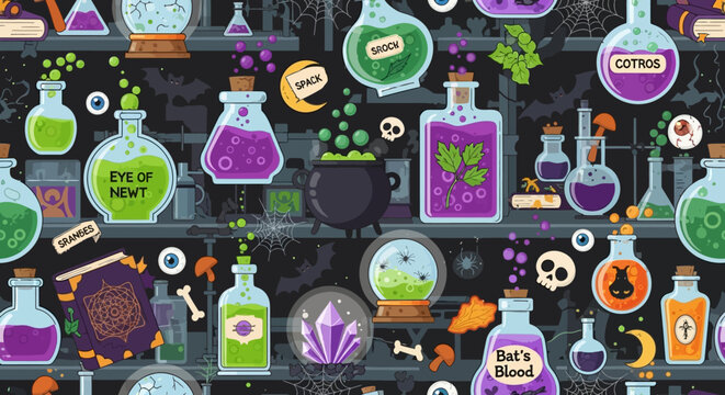 A vibrant collection of magical potions and alchemical ingredients.