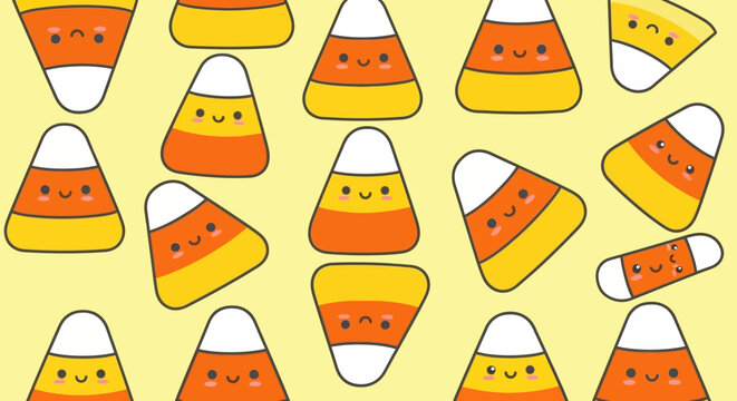 Cute and colorful candy corn characters with happy faces perfect for Halloween designs.