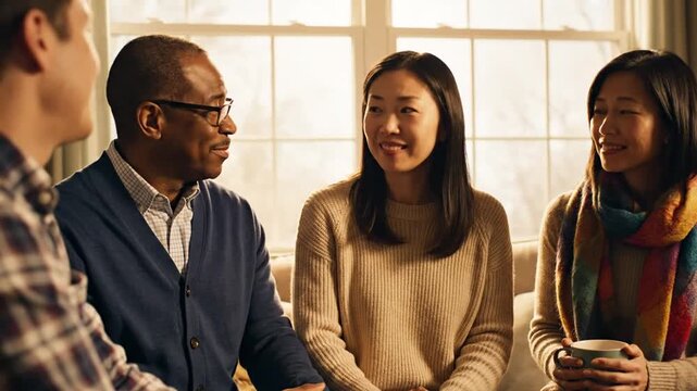 Diverse adults having supportive conversation in a cozy home