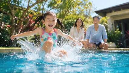 Obraz premium Happy Child Playing in Pool with Family Enjoying Sunny Day Outdoors