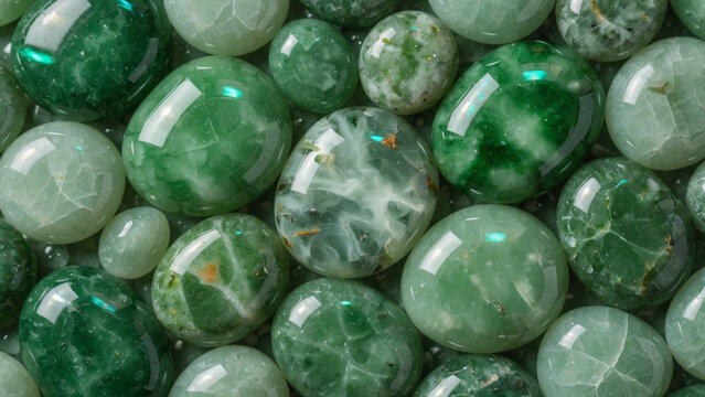 Polished green jade stones texture background