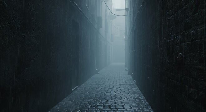 Vista em perspectiva de um beco estreito, cena atmosf&eacute;rica sombria e melanc&oacute;lica, arte digital.
