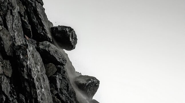 Rocks tumble down steep cliff face during daylight. Debris scatters from jagged stone formations. Landscape shows geological motion and erosion.