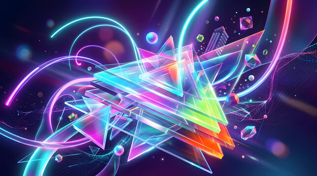 Futuristic Abstract Crystal Neon Flow Background with Sharp Polygon Geometry, Holographic Reflections, Vibrant Gradient Mesh, Glossy 3D Surfaces, Cinematic Lighting, Dynamic Motion, Ultra Detailed 8K 