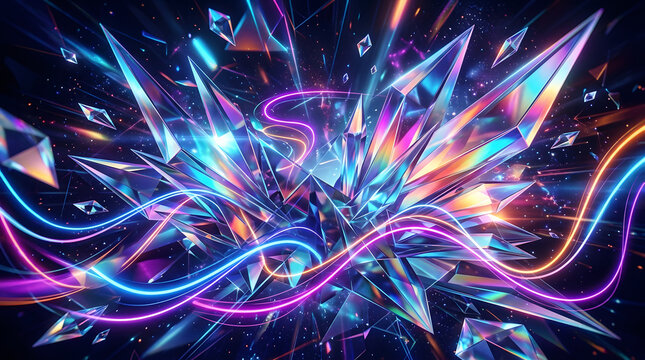 Futuristic Abstract Crystal Neon Flow Background with Sharp Polygon Geometry, Holographic Reflections, Vibrant Gradient Mesh, Glossy 3D Surfaces, Cinematic Lighting, Dynamic Motion, Ultra Detailed 8K 