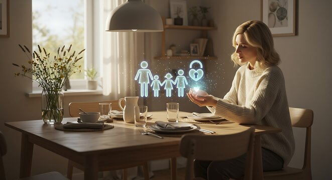 Mulher interagindo com &iacute;cones de fam&iacute;lia e seguran&ccedil;a acima de uma mesa de jantar.