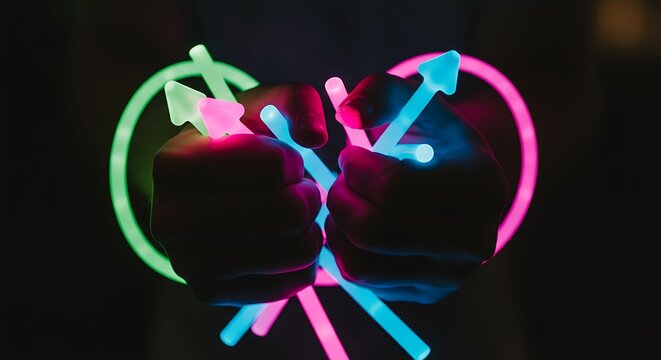 M&atilde;os segurando bast&otilde;es luminosos formando um c&iacute;rculo e flechas sobre um fundo preto.