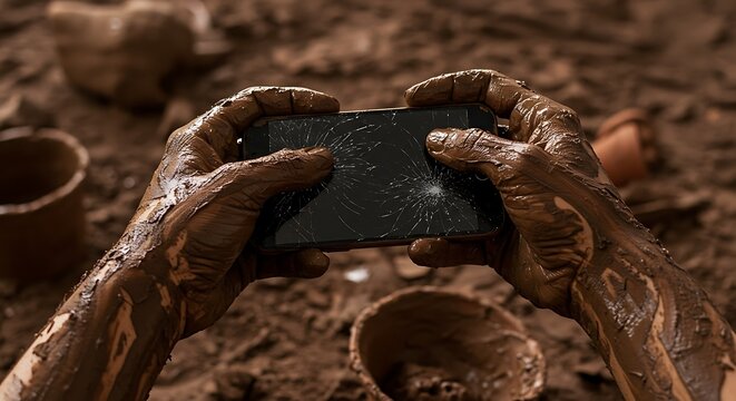 M&atilde;os enlameadas segurando um smartphone danificado sobre um fundo terroso.