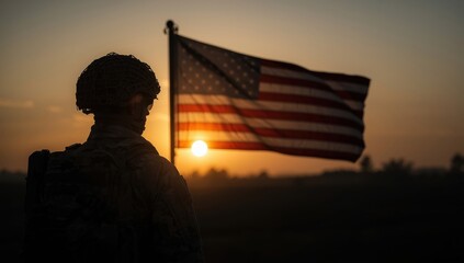 Fototapeta premium Soldier silhouette stands before a waving american flag at sunset, symbolizing patriotism and service
