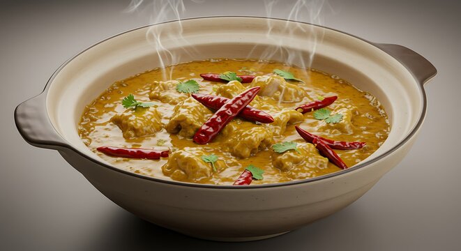 Delicioso curry de frango indiano servido em uma tigela, com apresenta&ccedil;&atilde;o fumegante.