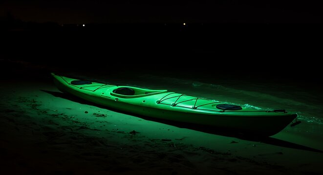 Caiaque iluminado em uma praia arenosa sob um c&eacute;u estrelado.